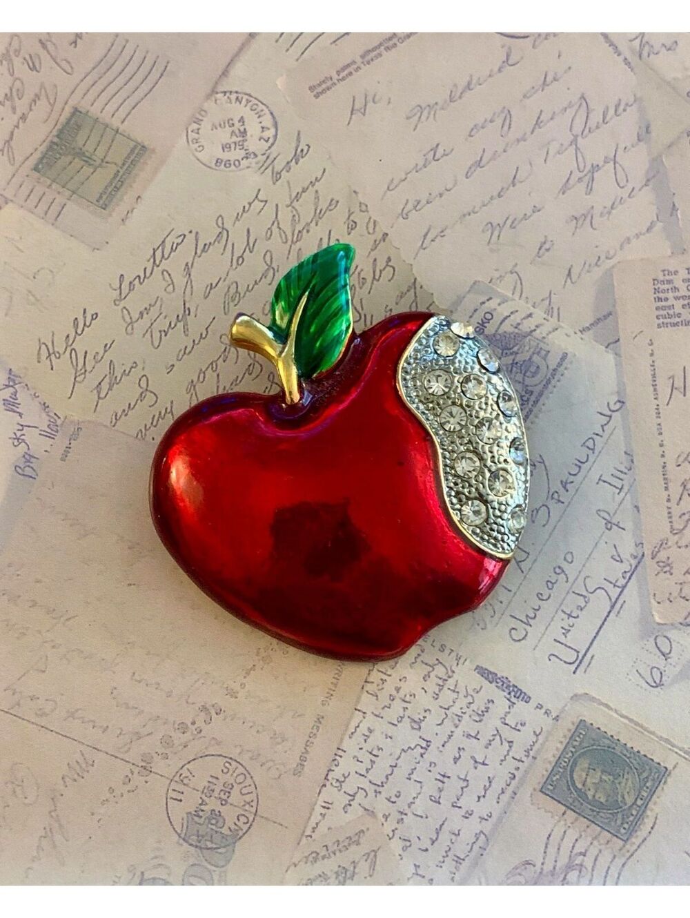 Vintage Shiny Red Apple Pin with Sparkly Bite and Green Leaf Accent